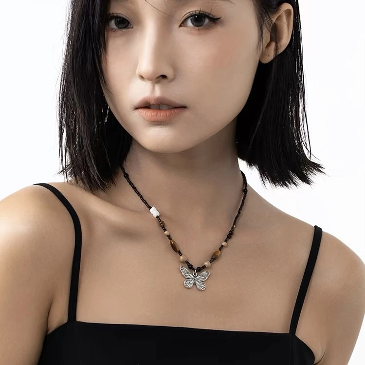钛钢项链 复古串珠蝴蝶吊坠项链男女轻奢小众新中式国风甜酷饰品
