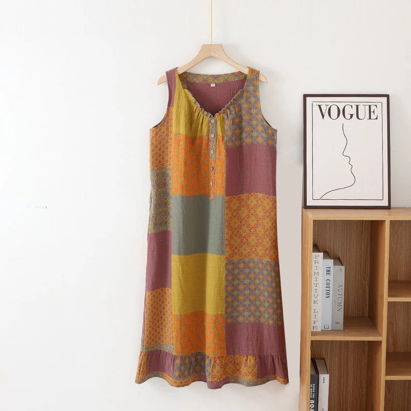 复古文艺多色拼布可外穿睡裙夏季全棉纱布女士吊带宽松家居连衣裙