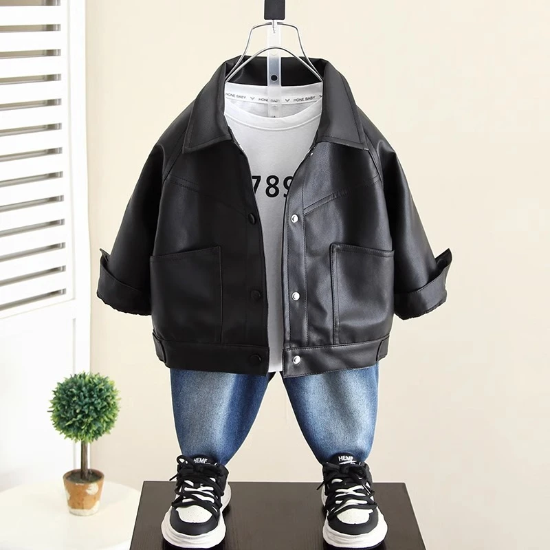 男童皮衣外套2025新款儿童装春秋款皮夹克男孩小童休闲春装痞帅气