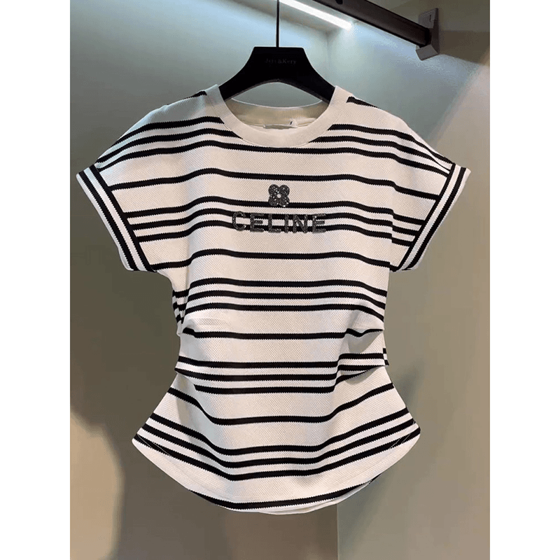 条纹短袖T恤女2024夏季新款设计感百搭收腰褶皱别致独特短款上衣