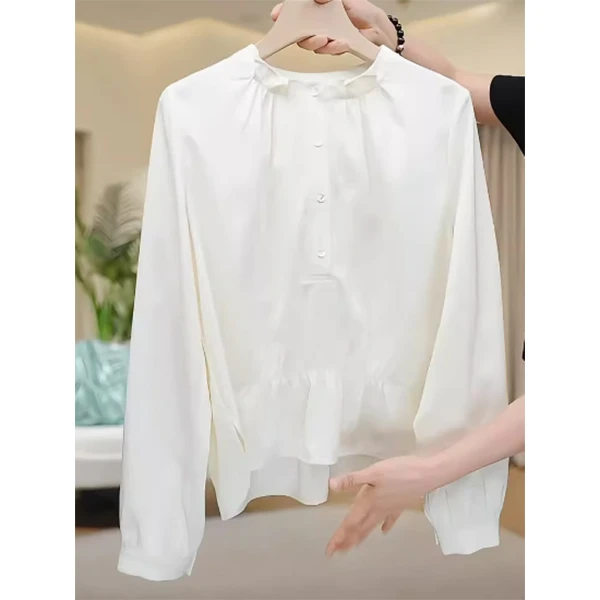 法式设计感褶皱衬衫女早秋季大码胖mm轻熟风圆领遮肉显瘦长袖上衣