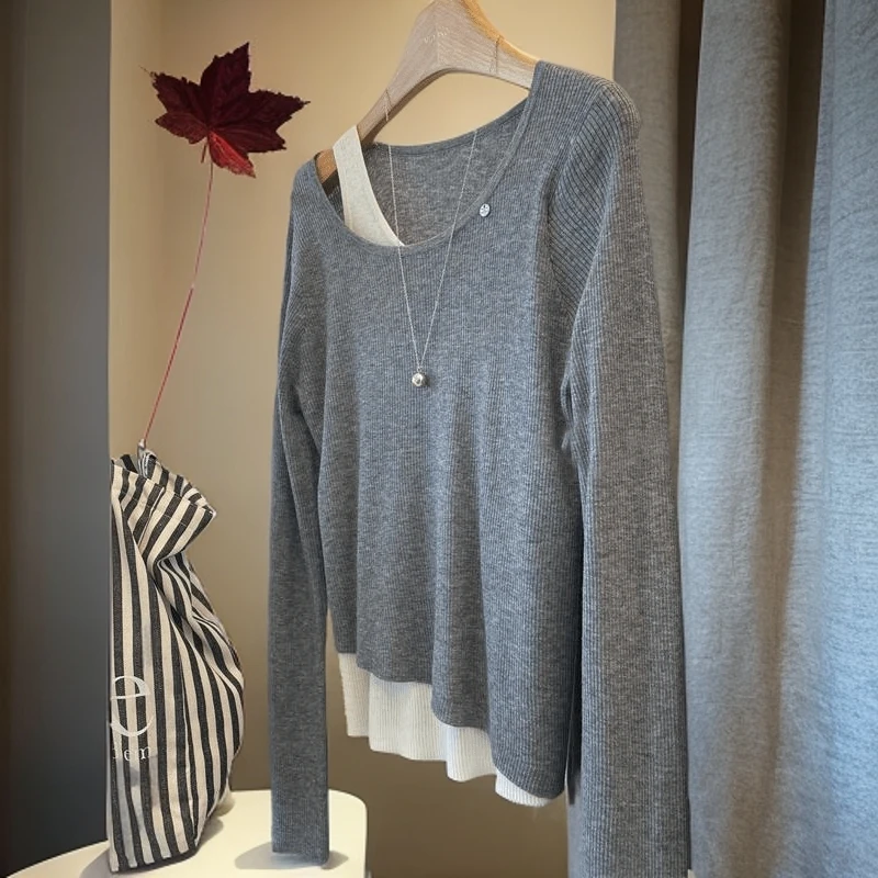 法式撞色灰色假两件内搭短款针织衫女早春季打底小香风长袖上衣