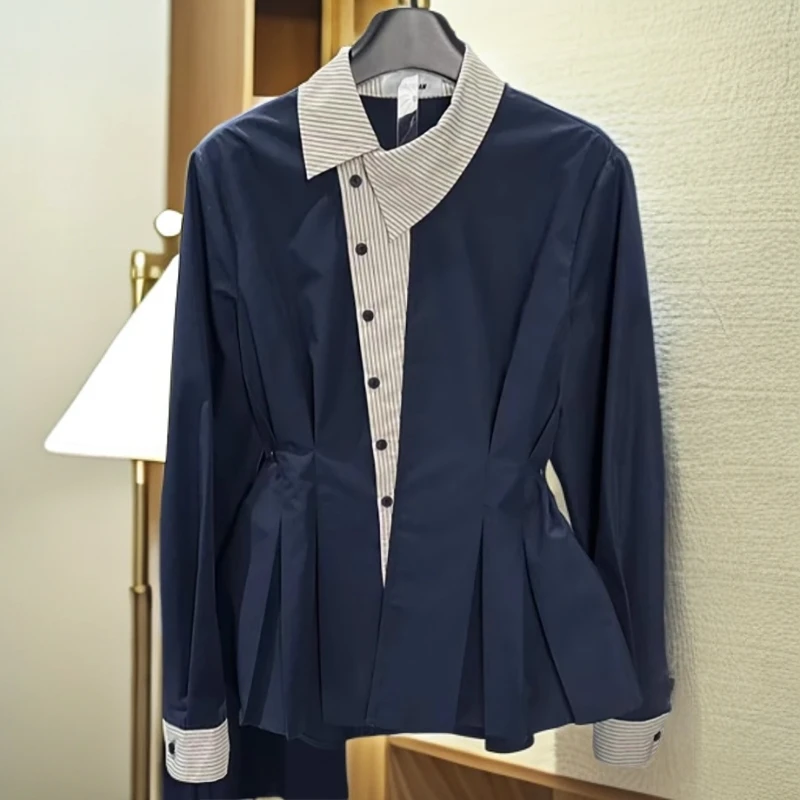 秋季女装2025新款时尚气质撞色拼接设计斜领收腰显瘦休闲长袖上衣