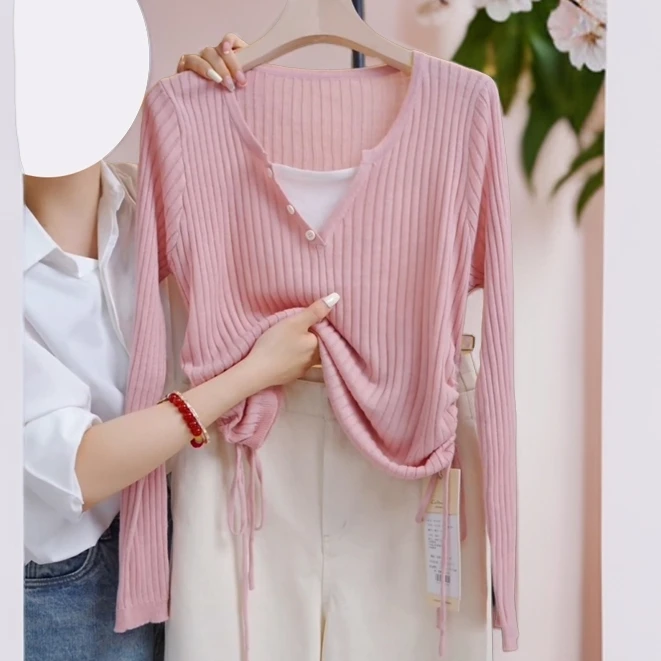 假两件针织衫女早秋新款侧面抽绳洋气漂亮毛衣修身显瘦打底衫上衣