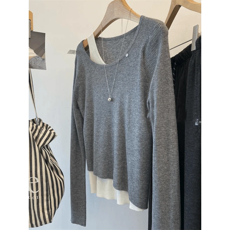 法式撞色灰色假两件内搭短款针织衫女早春季打底小香风长袖上衣