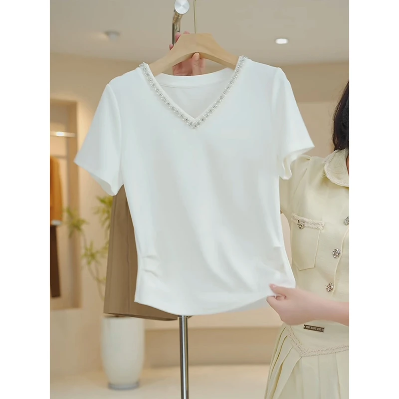 别致v领重工短袖T恤女夏季款正肩洋气白色上衣时尚宽松显瘦半袖女