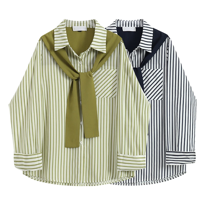 2025春季新款设计感拼接假两件披肩条纹衬衫小众宽松显瘦打底上衣