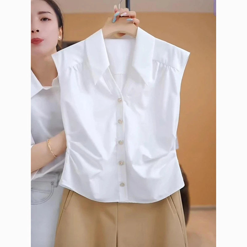法式无袖衬衫女夏季2025新款高级感白色衬衣气质时尚修身马甲上衣
