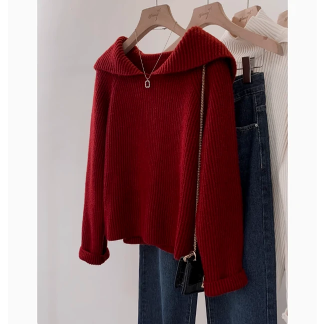 酒红色海军领短款毛衣女秋冬季2025新款爆款慵懒风宽松针织衫上衣