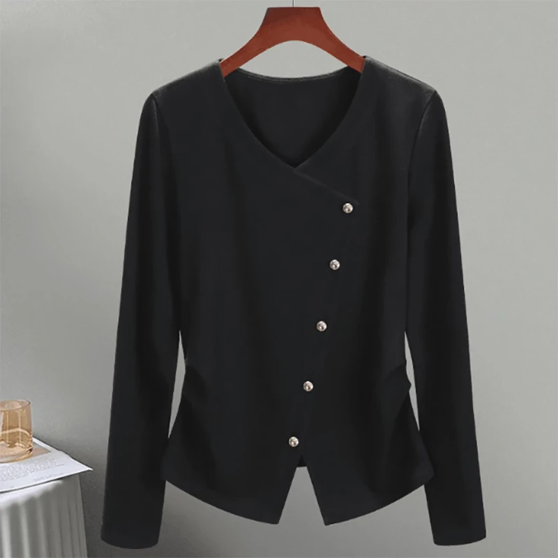 秋季女装2025新款时尚气质不规则排扣设计收腰显瘦V领长袖T恤上衣