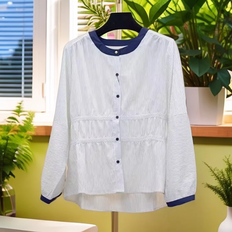 时尚通勤条纹长袖衬衫女秋季新款设计感宽松显瘦气质遮肉百搭衬衣