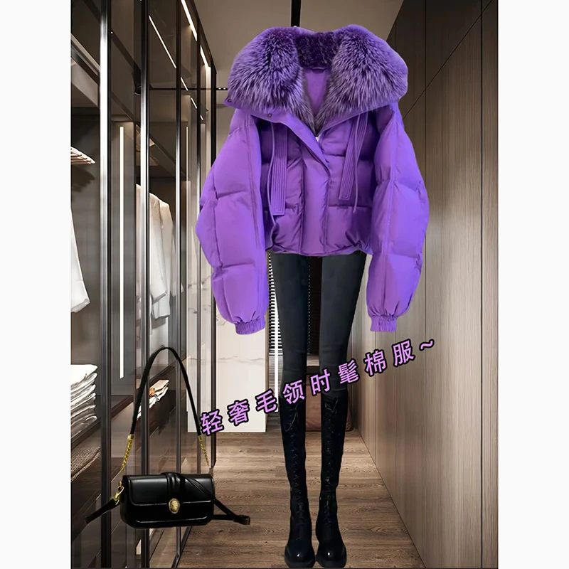 高级感超好看紫色毛领棉服外套女秋冬新款加厚保暖面包服棉衣外套