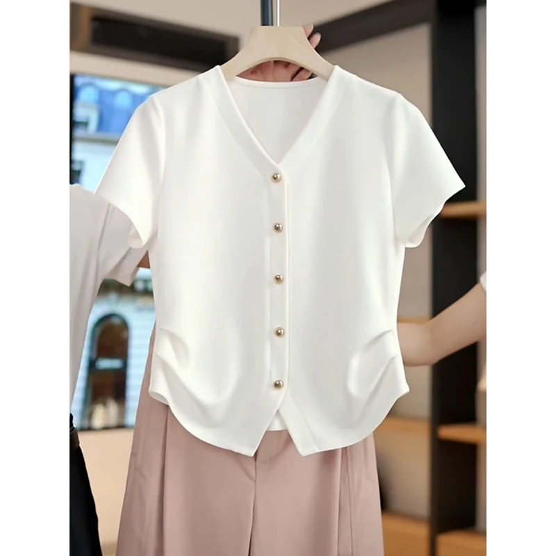 法式高级感白色短袖t恤女2025夏新款时尚洋气正肩体恤卡腰v领上衣