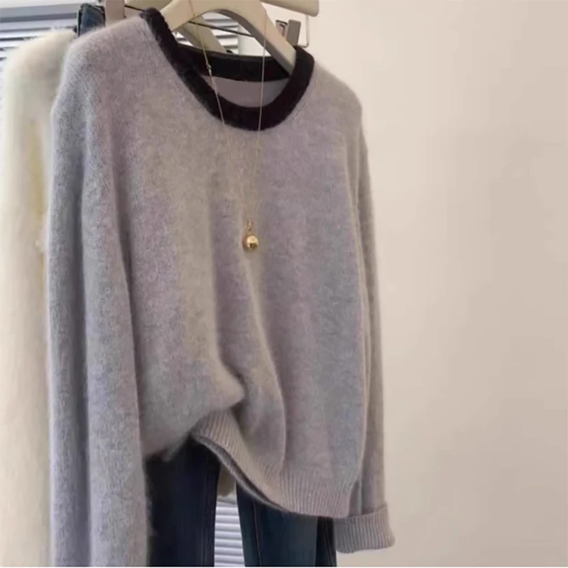 秋季女装2024新款时尚气质撞色圆领拼接针织设计休闲百搭长袖毛衣