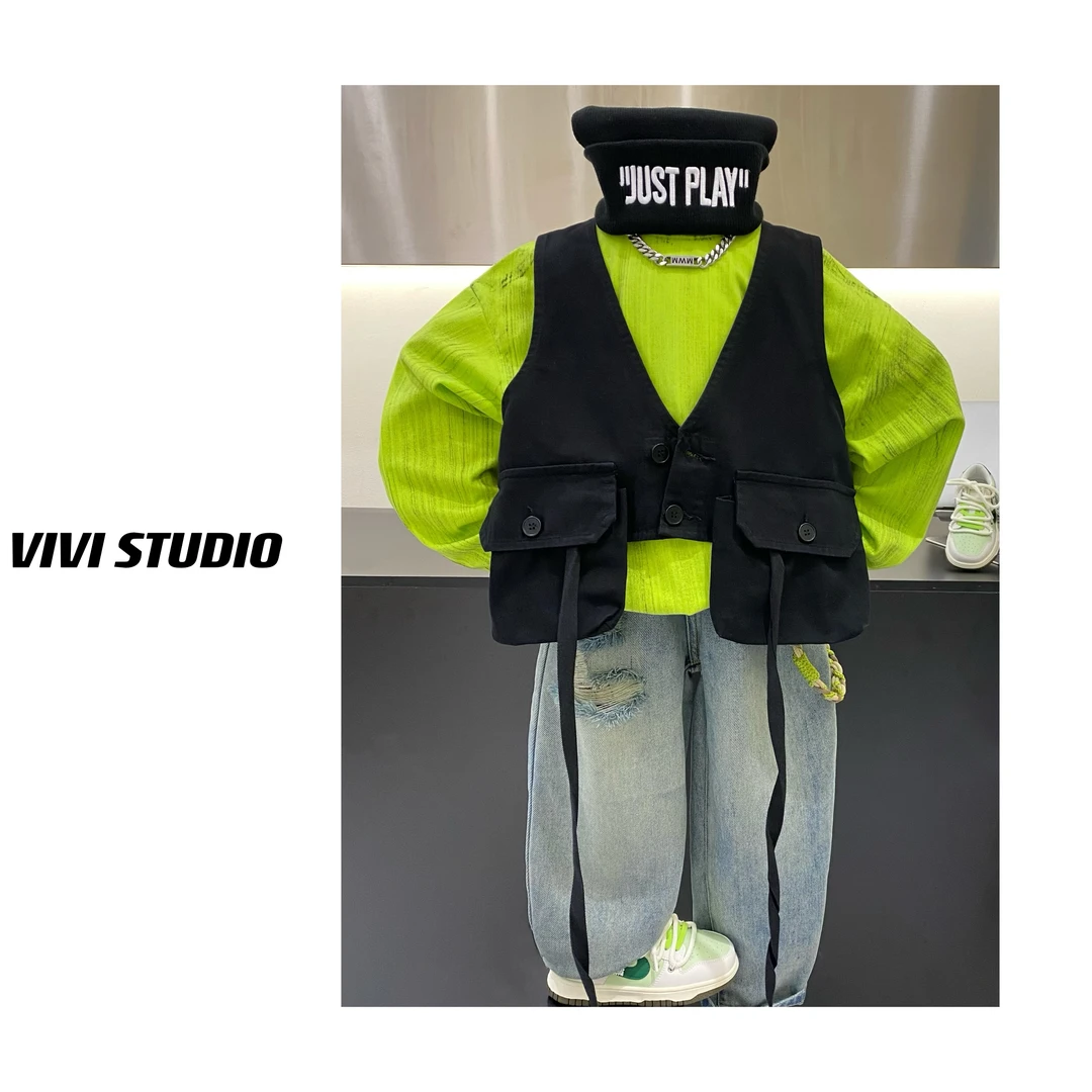 潮牌亲子装  「潮酷街舞」2024年春款独家设计涂鸦荧光绿长袖T恤