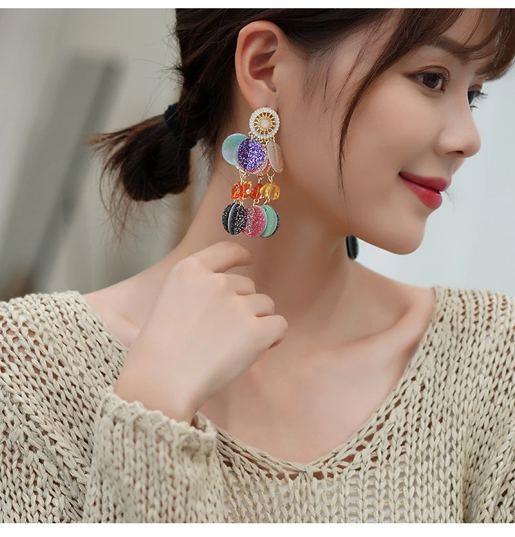 铜合金耳饰 【度假风】时尚彩色圆圈亮片流苏耳环