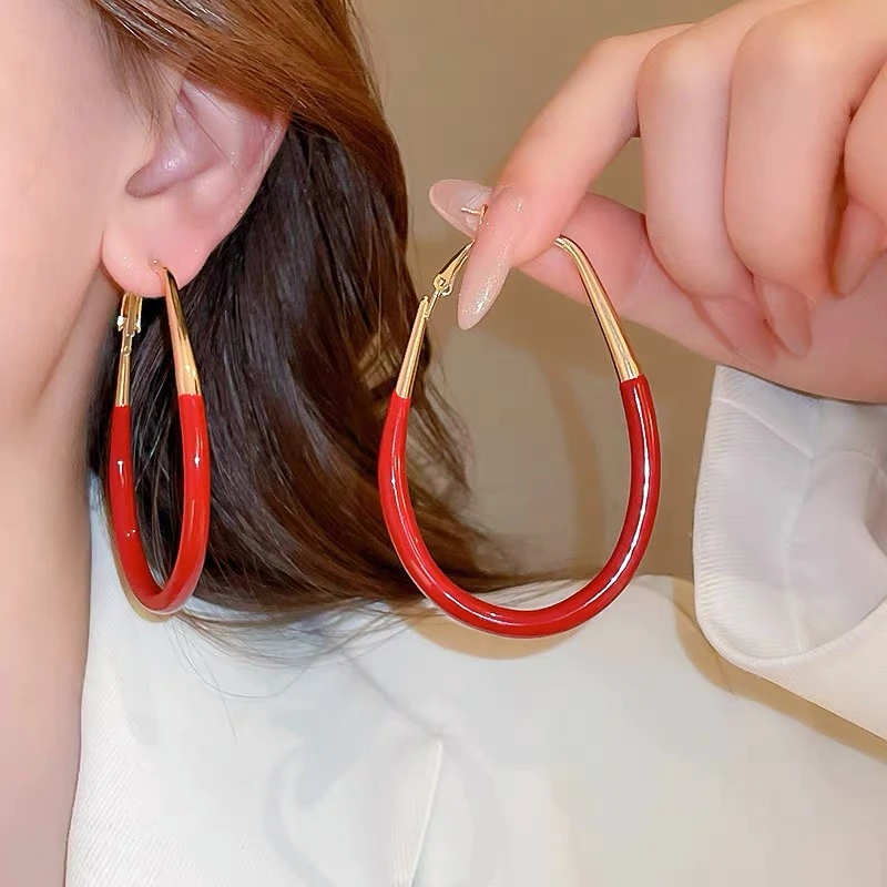 铁合金耳饰 大耳环红色2024新品时尚滴油夸张大耳圈