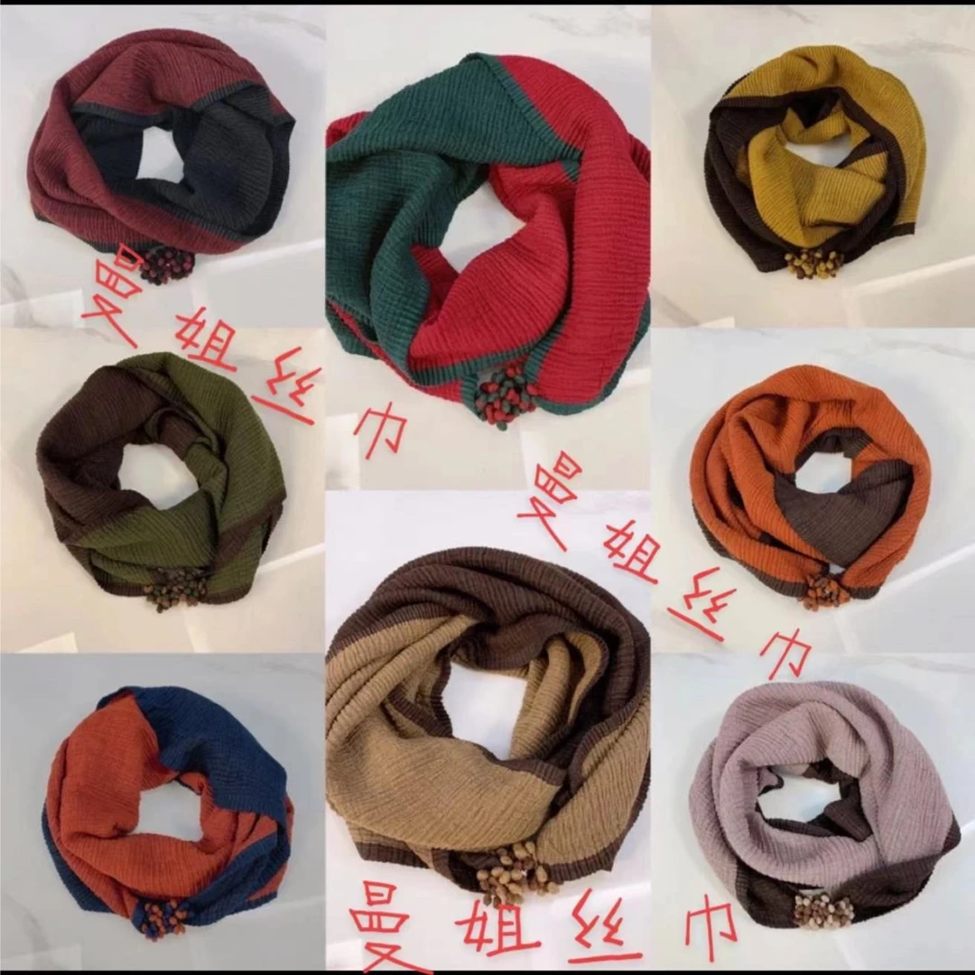 秋冬新中式小花磁扣围巾纯色百搭保暖围脖多功能披肩双面双色时尚