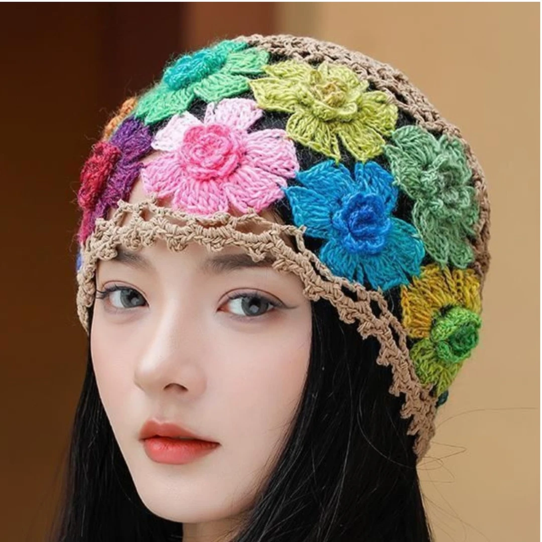 日系新款文艺彩色花朵镂空帽子女甜美时尚民族风针织四季网红