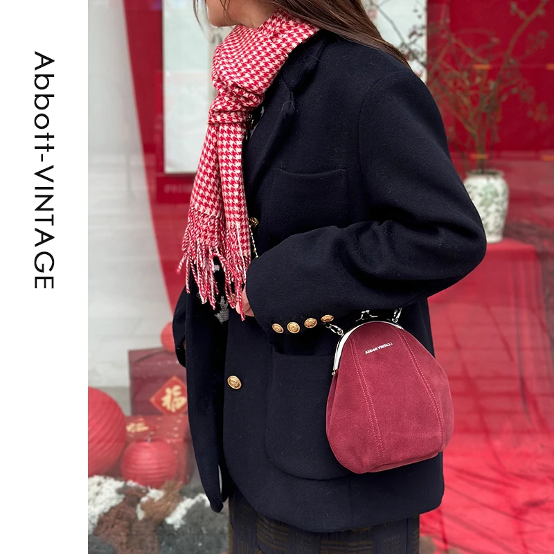 AbbottVINTAGE【夹子包】磨砂牛皮珠链真皮女包复古单肩斜挎新款