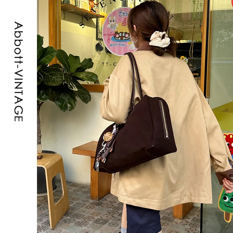 AbbottVINTAGE【吐司大包】牛皮女包磨砂啡色简约复古单肩大包