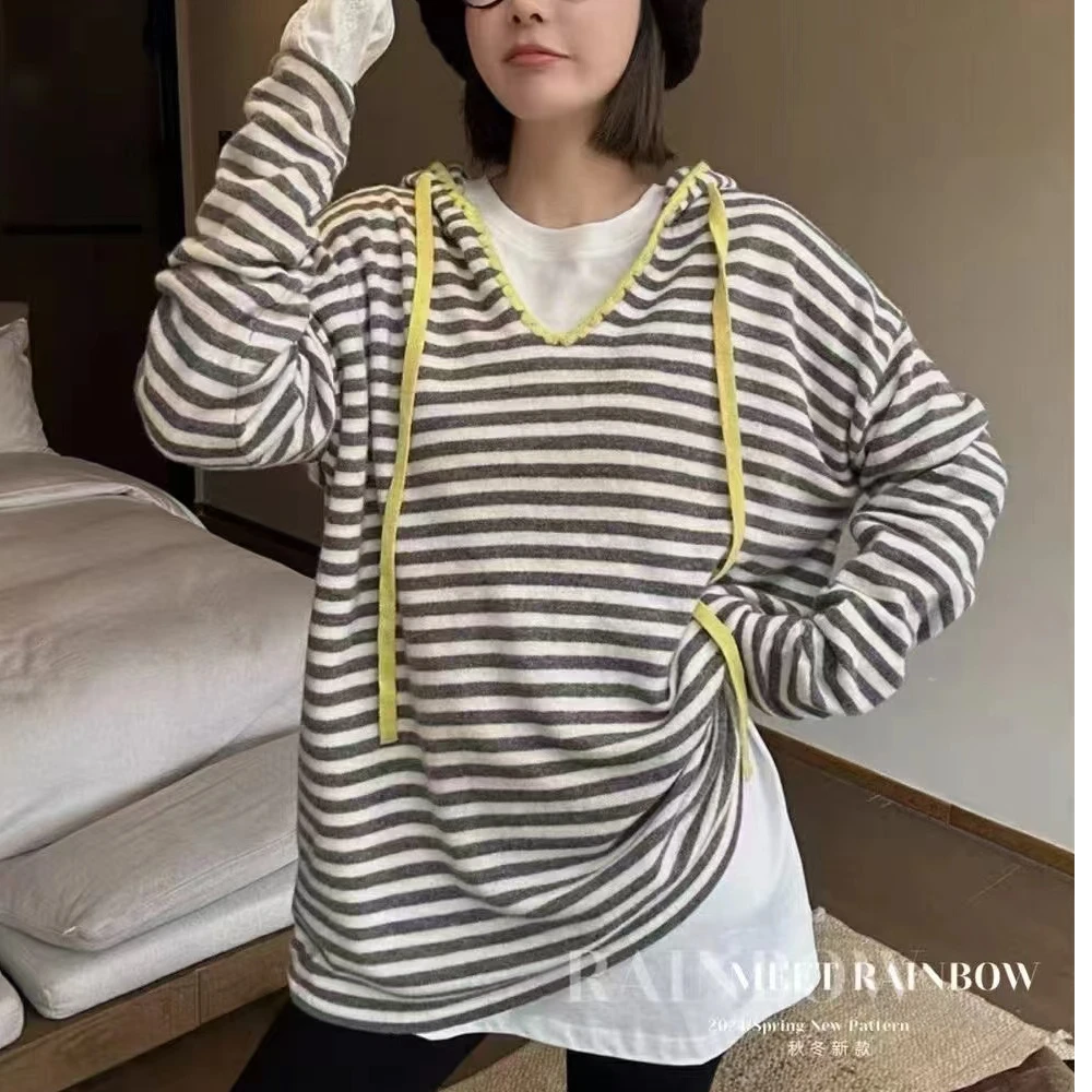 原创2024灰白条荧光黄抽绳帽衫时尚百搭韩版连帽套头长袖针织毛衣