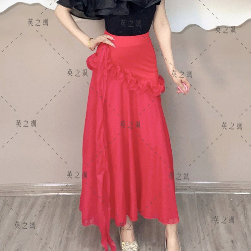 【英之飒】2186花边长裙大摆裙点帕斯女装裙子显瘦半身裙气质纱裙