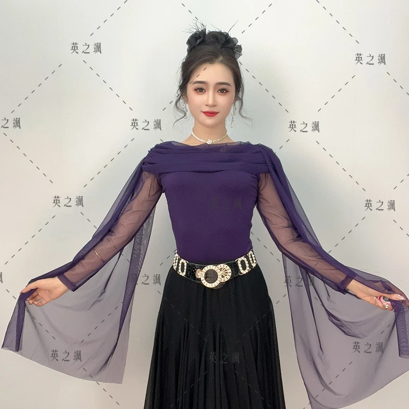 【英之飒】长袖跳舞上衣黑色飘带舞蹈衫上衣气质广场舞水兵舞2209