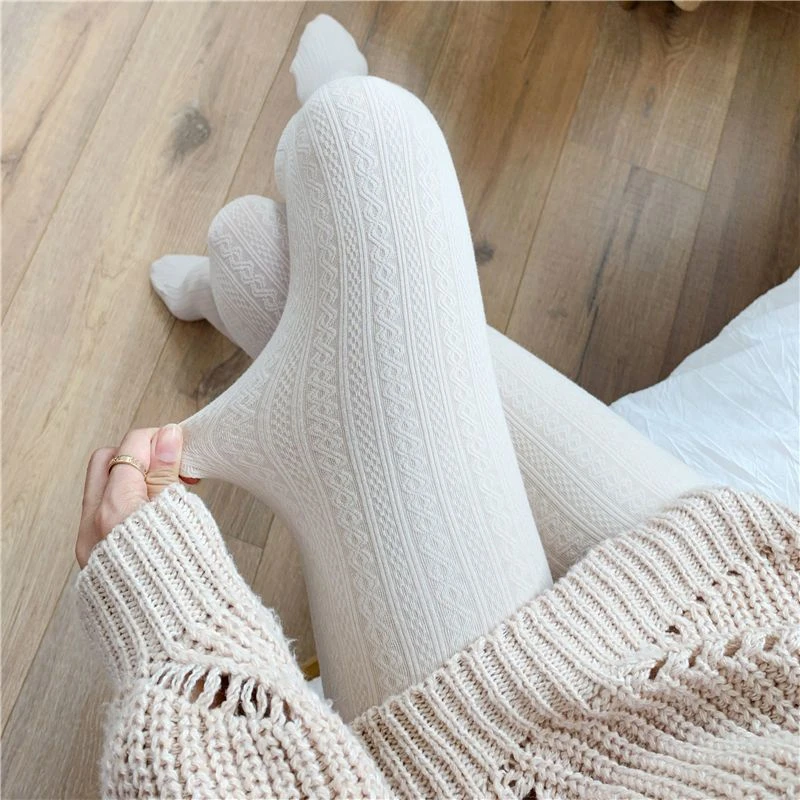 【新疆包邮】秋冬加厚针织麻花打底裤女保暖显瘦竖条纹燕麦白连裤袜