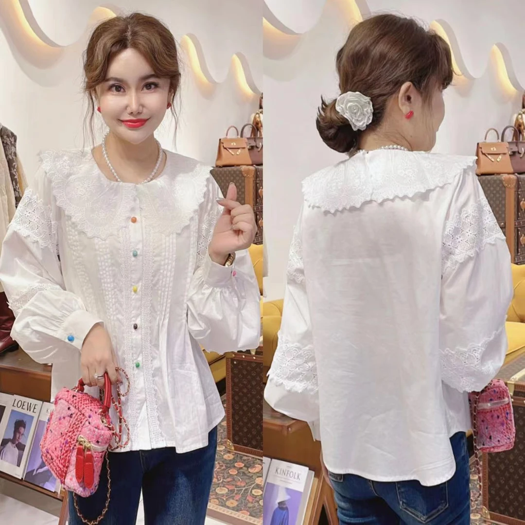 闺蜜精品091112【茶白】彩扣刺绣娃娃领衬衫
