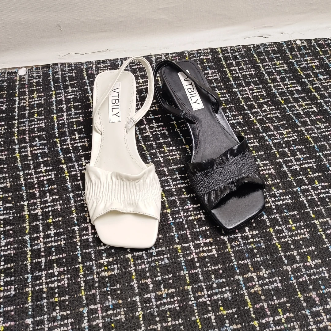 时尚女鞋拖鞋夏季高跟方头露趾法式气质中跟百搭凉鞋褶皱异形跟