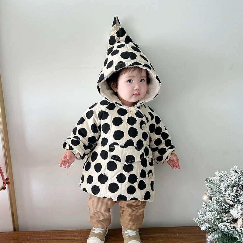 abnn2024冬季新款韩版宝宝波点帽子棉服婴童加厚保暖斜门襟外套