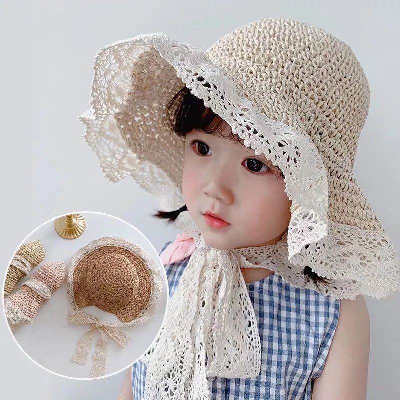 abnn亲子婴儿蕾丝草帽女宝宝渔夫帽女童遮阳儿童帽子春夏薄款
