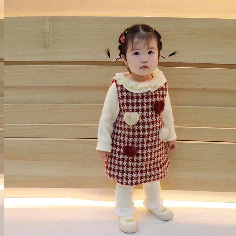 女童加绒背心裙冬季宝宝加厚格子爱心连衣裙儿童裙子加绒洋气