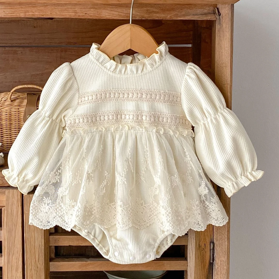 abnnINS婴幼儿女宝宝花边小裙摆长袖哈衣哈裙包屁连体衣蕾丝春秋