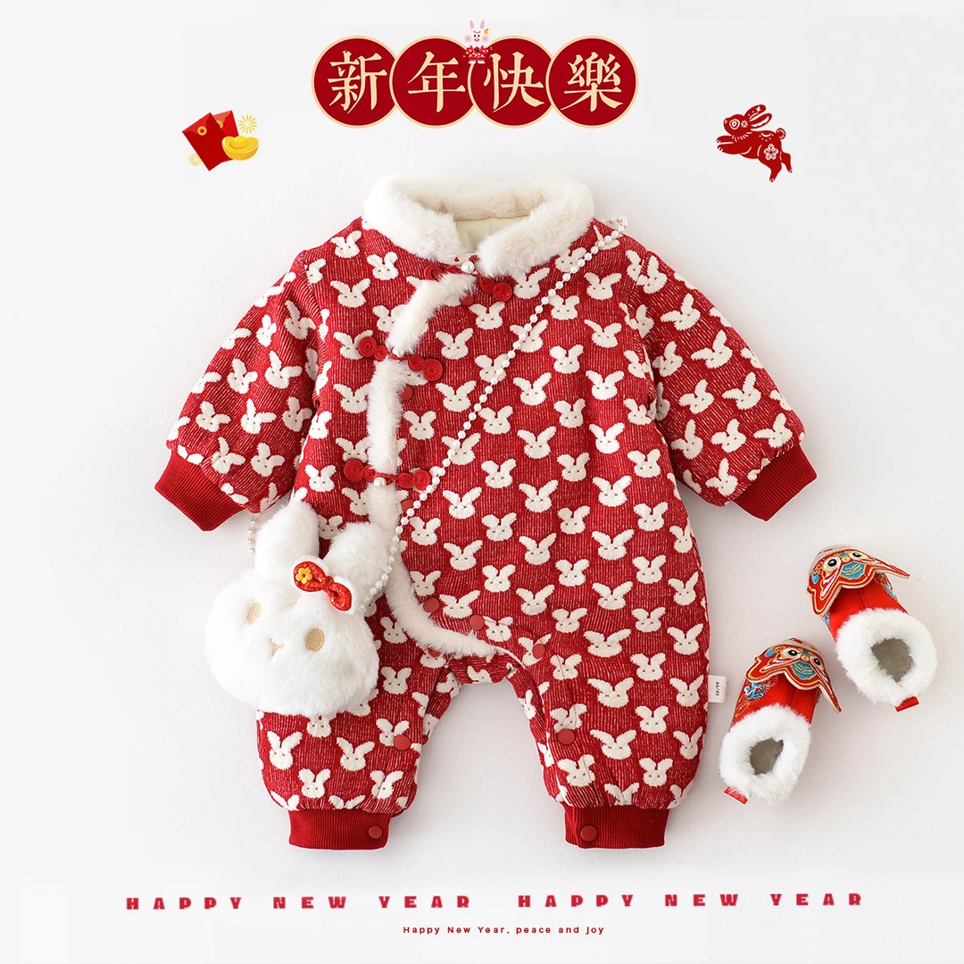 abnn婴儿衣服秋冬连体衣宝宝满印小兔子中国风新年装新生儿加厚