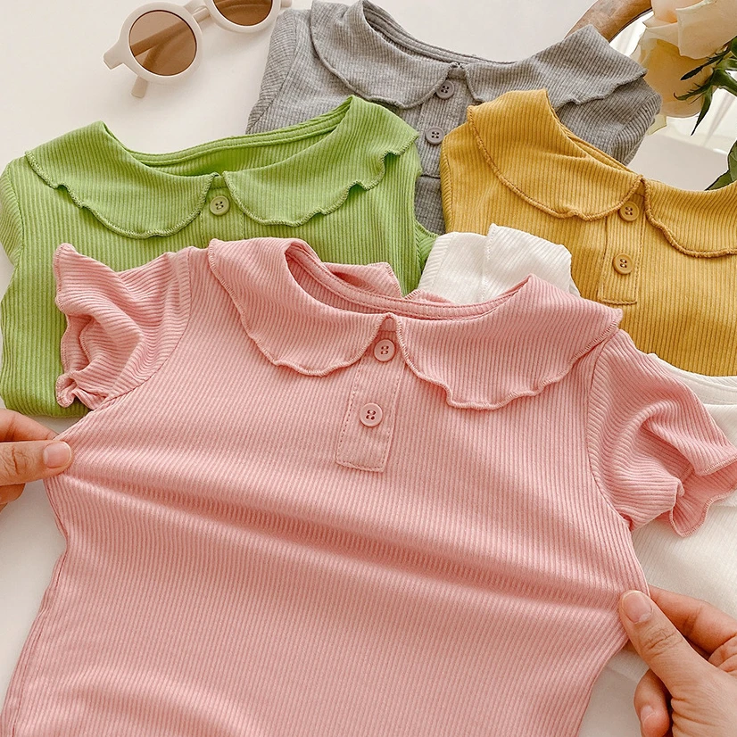 abnn婴幼儿短袖T恤夏季新款女宝宝荷叶领短袖上衣0-3岁打底衫薄款