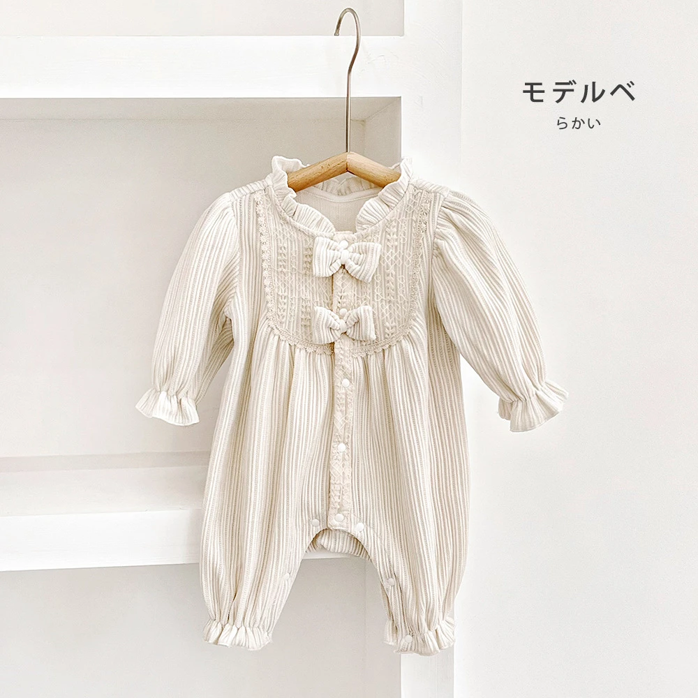 abnn春秋季新款婴幼儿米白蝴蝶结爬服宝宝衣服休闲连体衣外穿女宝