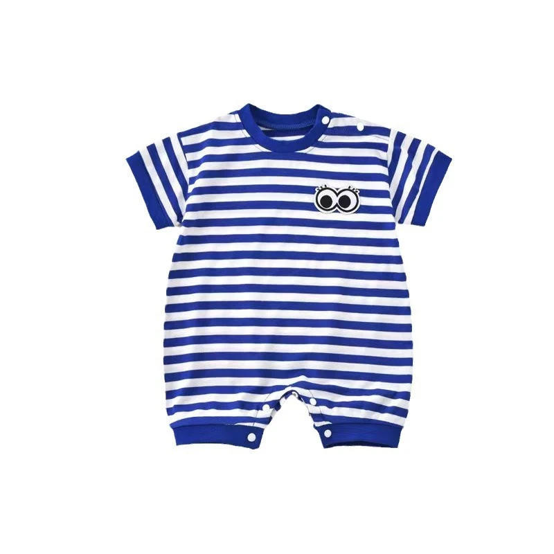 婴幼儿连体衣男女宝宝蓝色条纹眼睛爬服短袖夏天洋气薄款哈衣