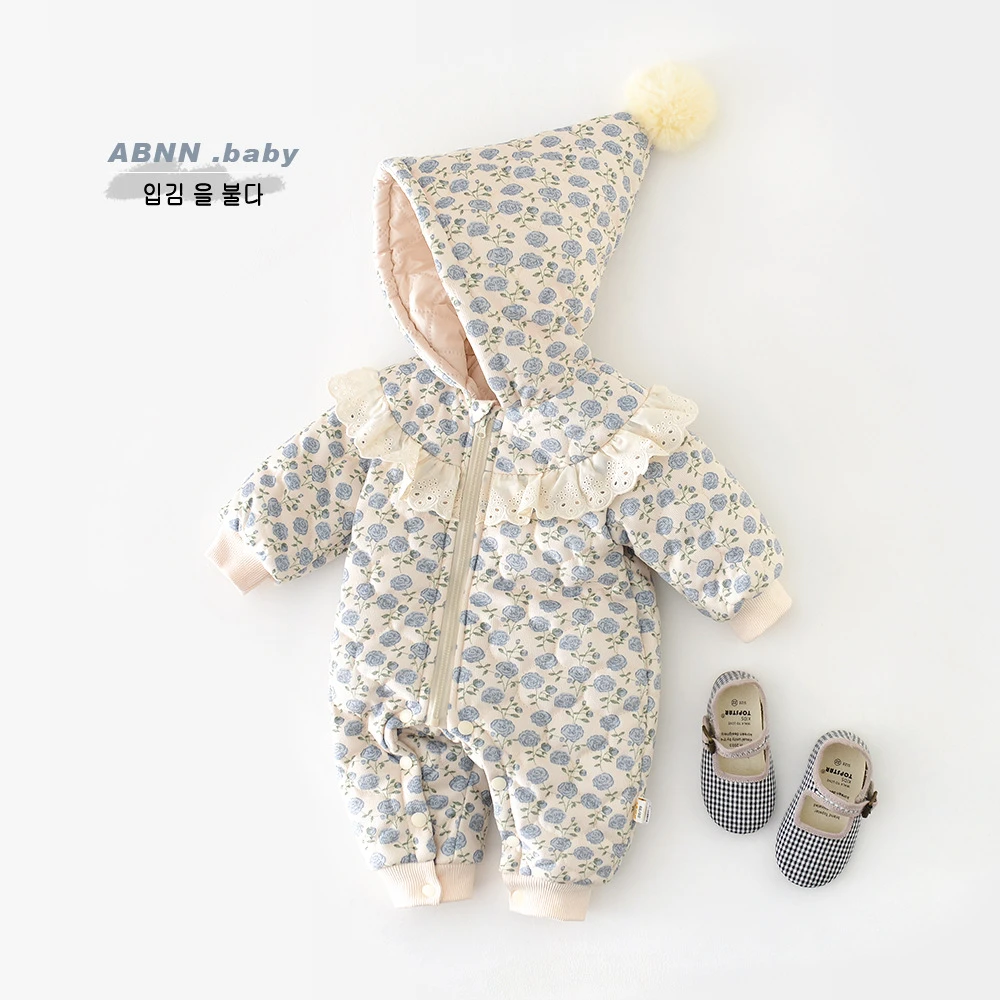 abnn婴儿冬季连体衣女宝宝绗棉满印花朵甜美棉衣可爱尖尖帽爬服