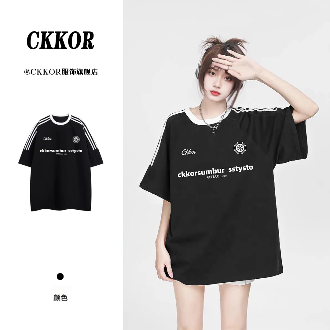 CKKOR美式ins复古风三条杠字母印花新款潮流潮牌圆领简约百搭t恤