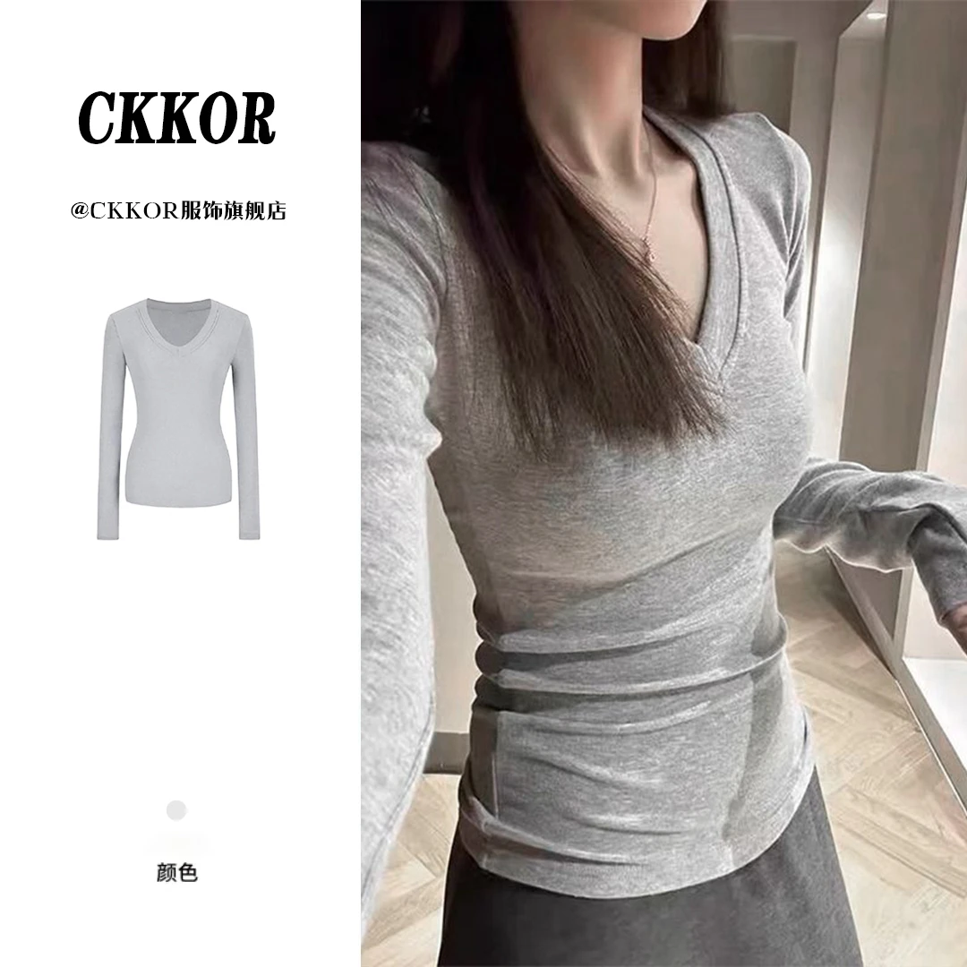 CKKOR春秋新款V领纯色百搭美式打底衫女内搭辣妹修身港风长袖上衣