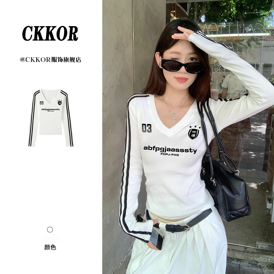 CKKOR春秋季修身纯欲辣妹风长袖t恤女美式时尚ins风设计感V领上衣