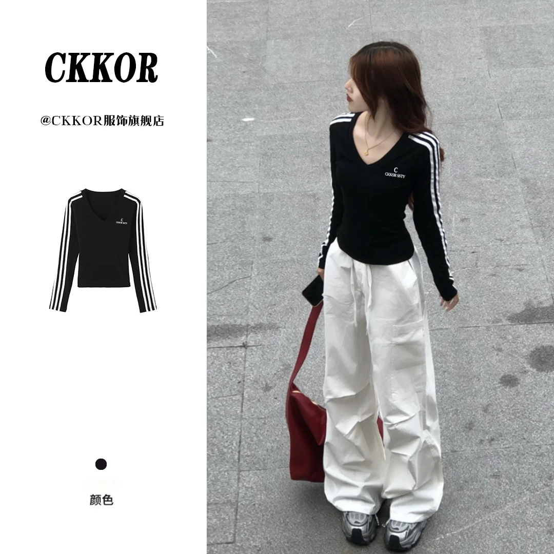 CKKOR美式时尚修身显瘦三杠长袖t恤女秋冬新款ins风设计感V领上衣