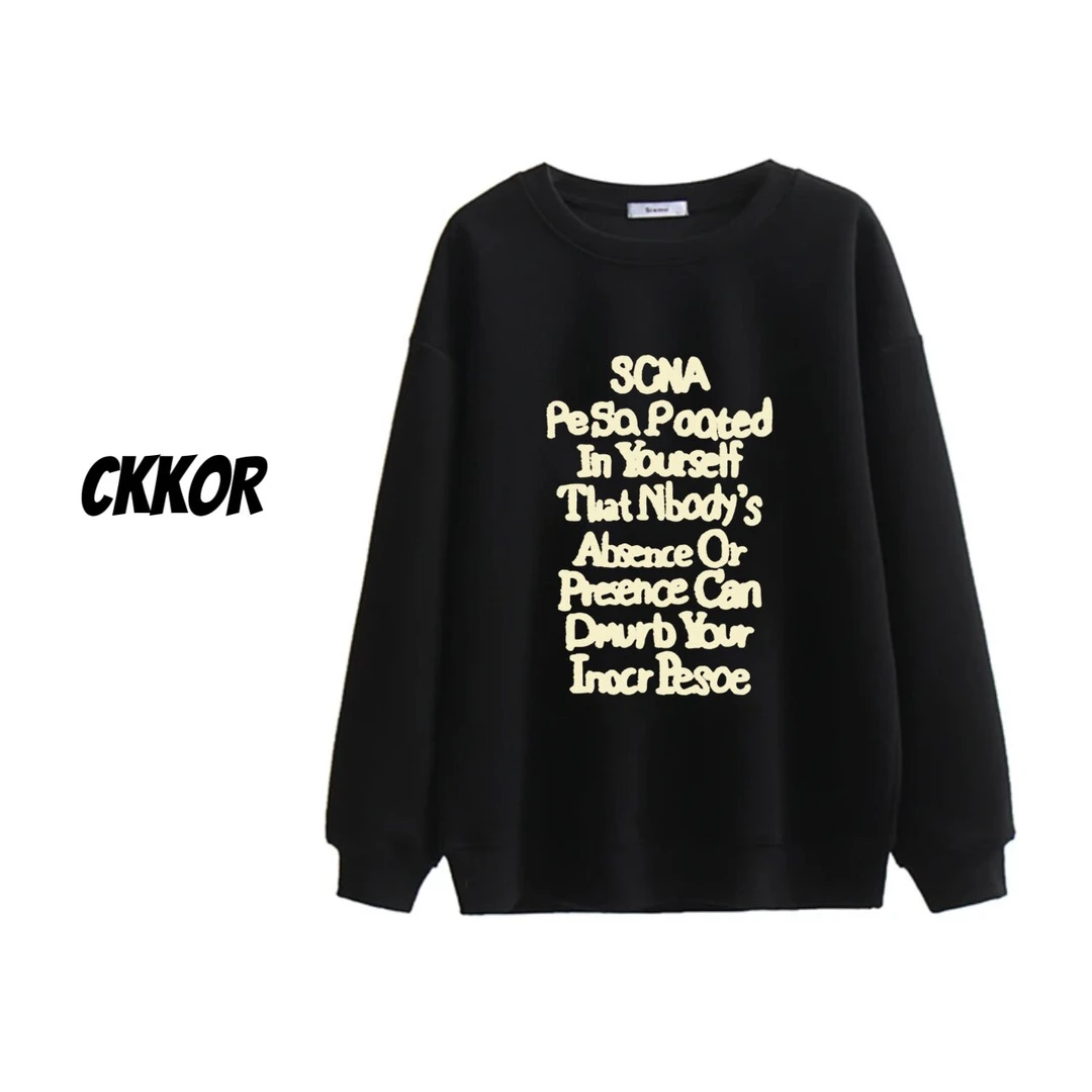 春秋季字母印花长袖含棉圆领加绒加厚卫衣女百搭宽松时尚休闲黑色