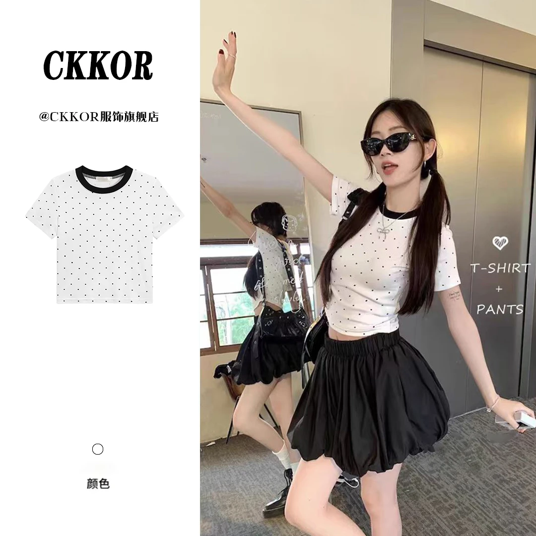 CKKOR夏季新款法式复古波点白色短袖t恤女修身短款纯欲辣妹风圆领