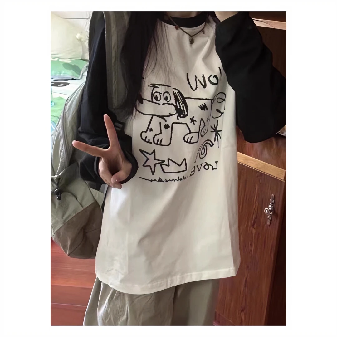 CKKOR春秋薄款卡通小狗插肩长袖t恤女休闲百搭设计感小众圆领上衣