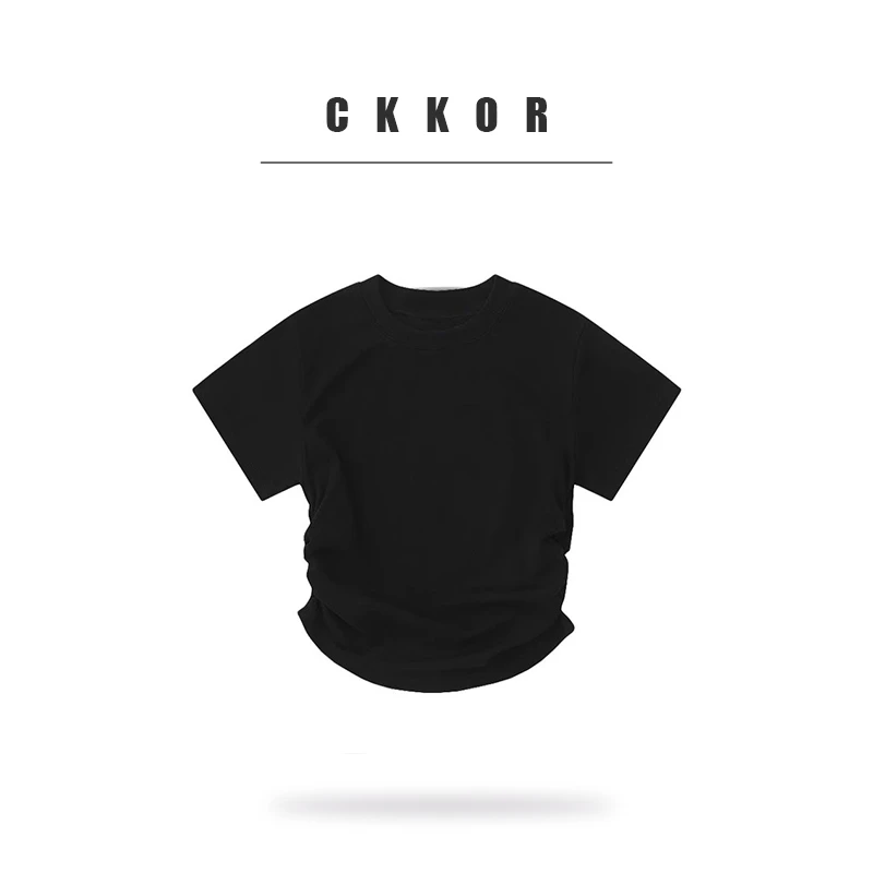 CKKOR辣妹穿搭正肩短袖t恤女2025夏季新款设计感褶皱收腰显瘦