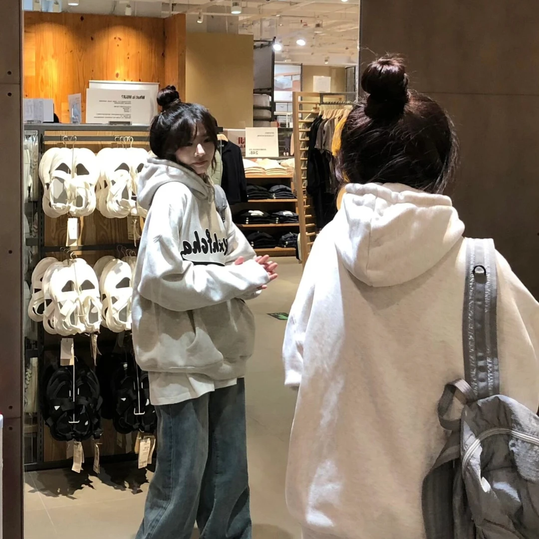 美式复古字母印花连帽卫衣女春秋新款设计感小众情侣装潮牌上衣