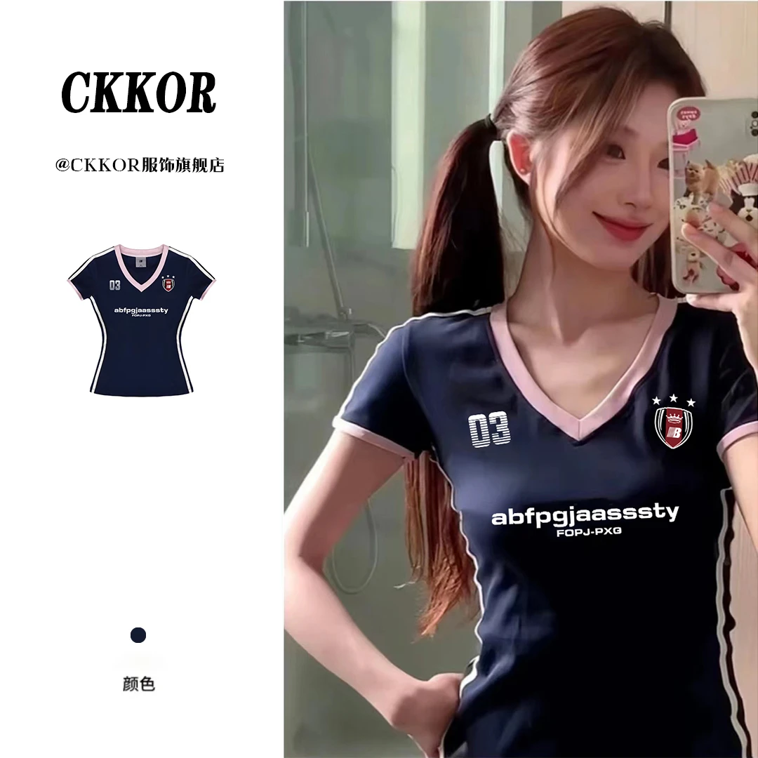 CKKOR夏季球衣V领短袖t恤女收腰显瘦美式时尚印花高考毕业季运动